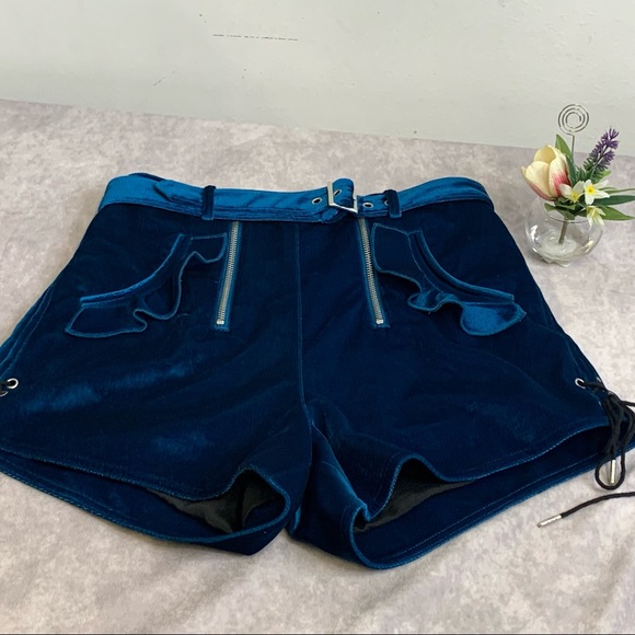 NWT SELF-PORTRAIT Velvet Peacock Blue Double Zip Shorts size 2 - Picture 6 of 15